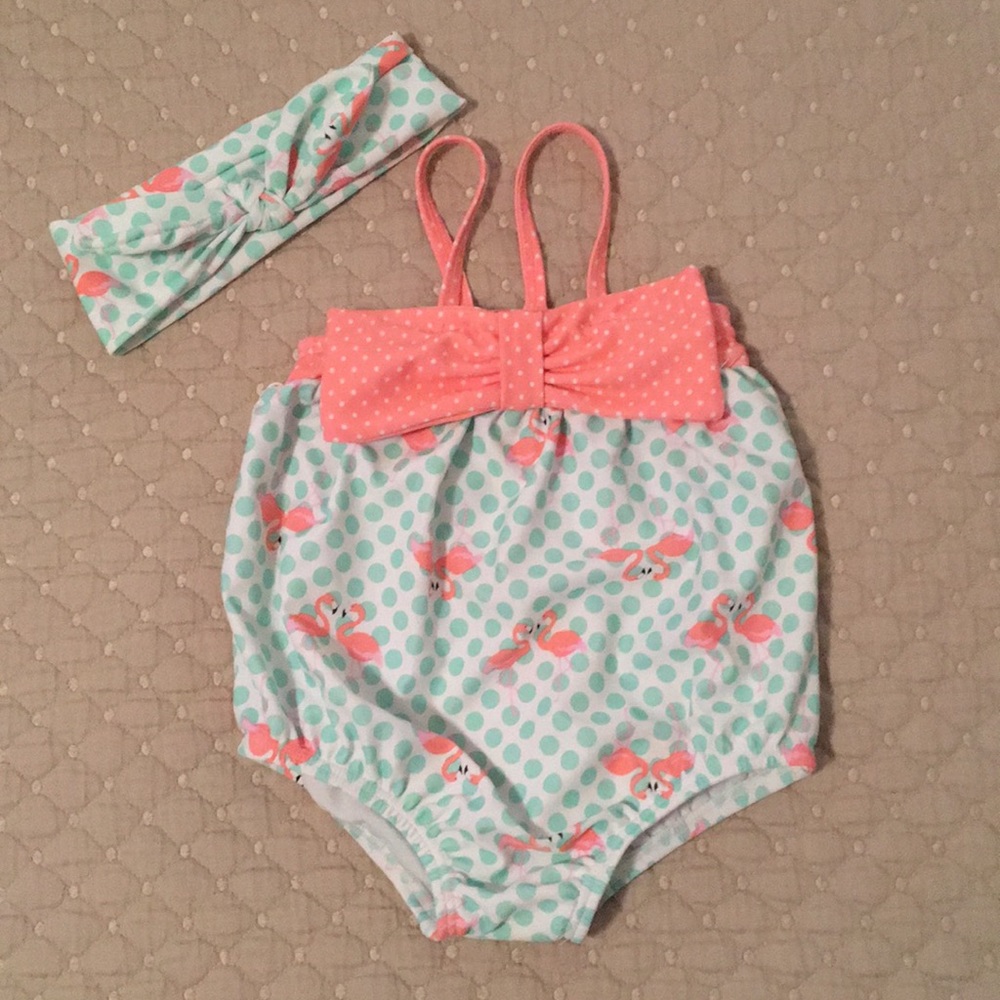 Flamingo Baby Bubble Bathing Suit with Head Wrap!